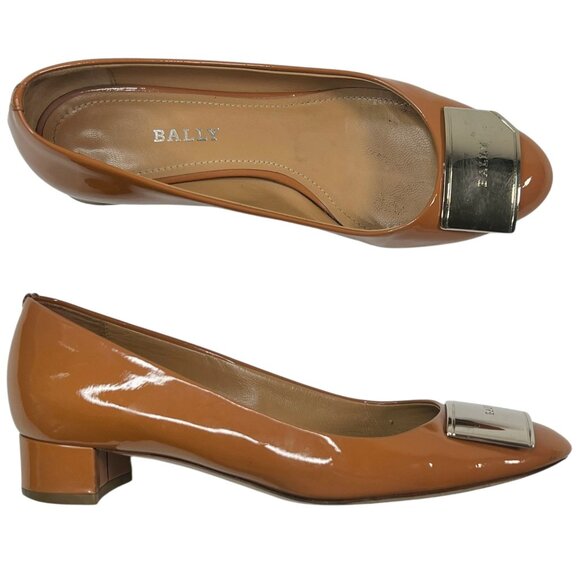 Bally Heline Patent Calf Leather Low Heels w/ metal Logo Plaque Brown 36 US 5.5 - Picture 1 of 16